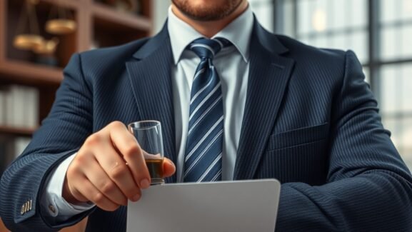 Businessman with drink reviewing document in office.